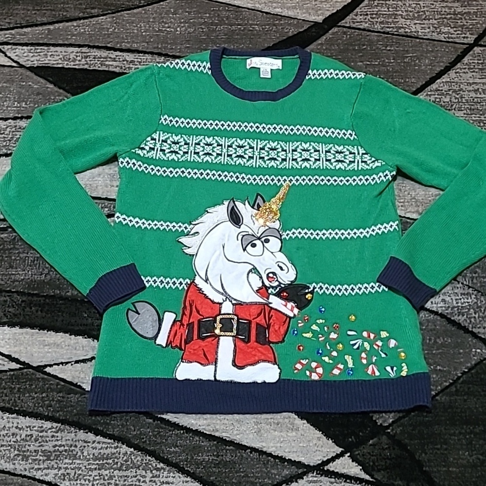 JOLLY SWEATERS EMBROIDERED UNICORN GOLD SEQUINS RHINESTONES CANDY CHRIST…